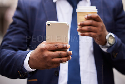 Buy stock photo Businessman, hands and coffee with phone for communication on email, social media or networking. Travel, 5g and corporate black man on work commute with mobile app connection and latte drink.
