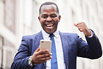 Success, phone or happy businessman in a city in celebration of good news, job promotion or sales goals. Winner, wow or excited black man celebrates winning a bonus or successful financial investment