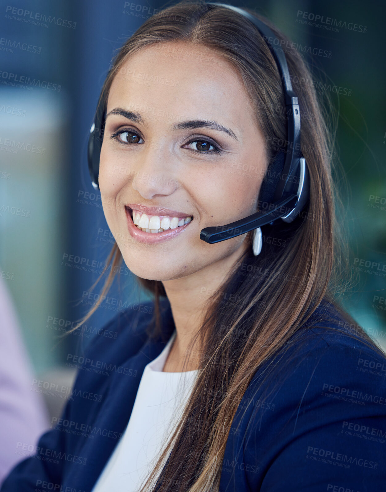 Buy stock photo Call center, telemarketing and portrait of a woman consultant offering contact us advice. Customer support, customer service and female professional sales operator in an advisory agency at help desk