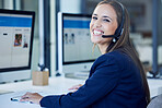 Call center, portrait and woman on computer screen for telemarketing, virtual assistant and website user experience support. Telecom, information technology and face of happy business worker at desk