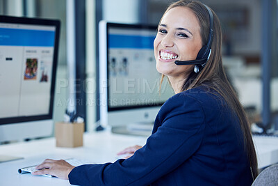 Buy stock photo Call center, portrait and woman on computer screen for telemarketing, virtual assistant and website user experience support. Telecom, information technology and face of happy business worker at desk
