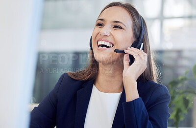 Buy stock photo Call center, telemarketing and laughing woman on a customer service call giving advice. Contact us, crm and customer support with a female agent or consultant in communication online