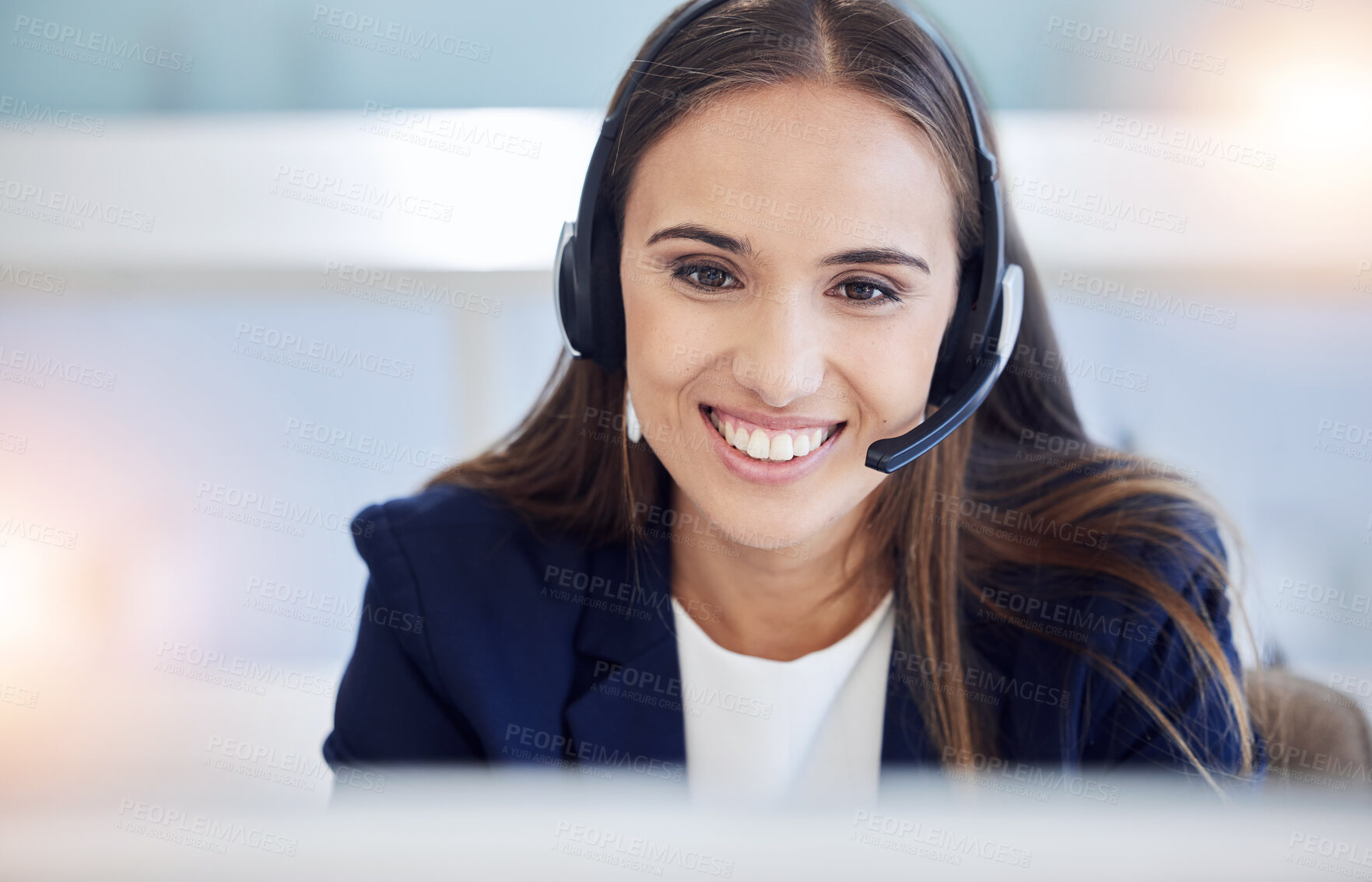 Buy stock photo Crm, contact us or woman in a telemarketing call center consulting, communication or helping with loan advice. Finance, smile or happy employee talking, conversation or speaking to client for sales