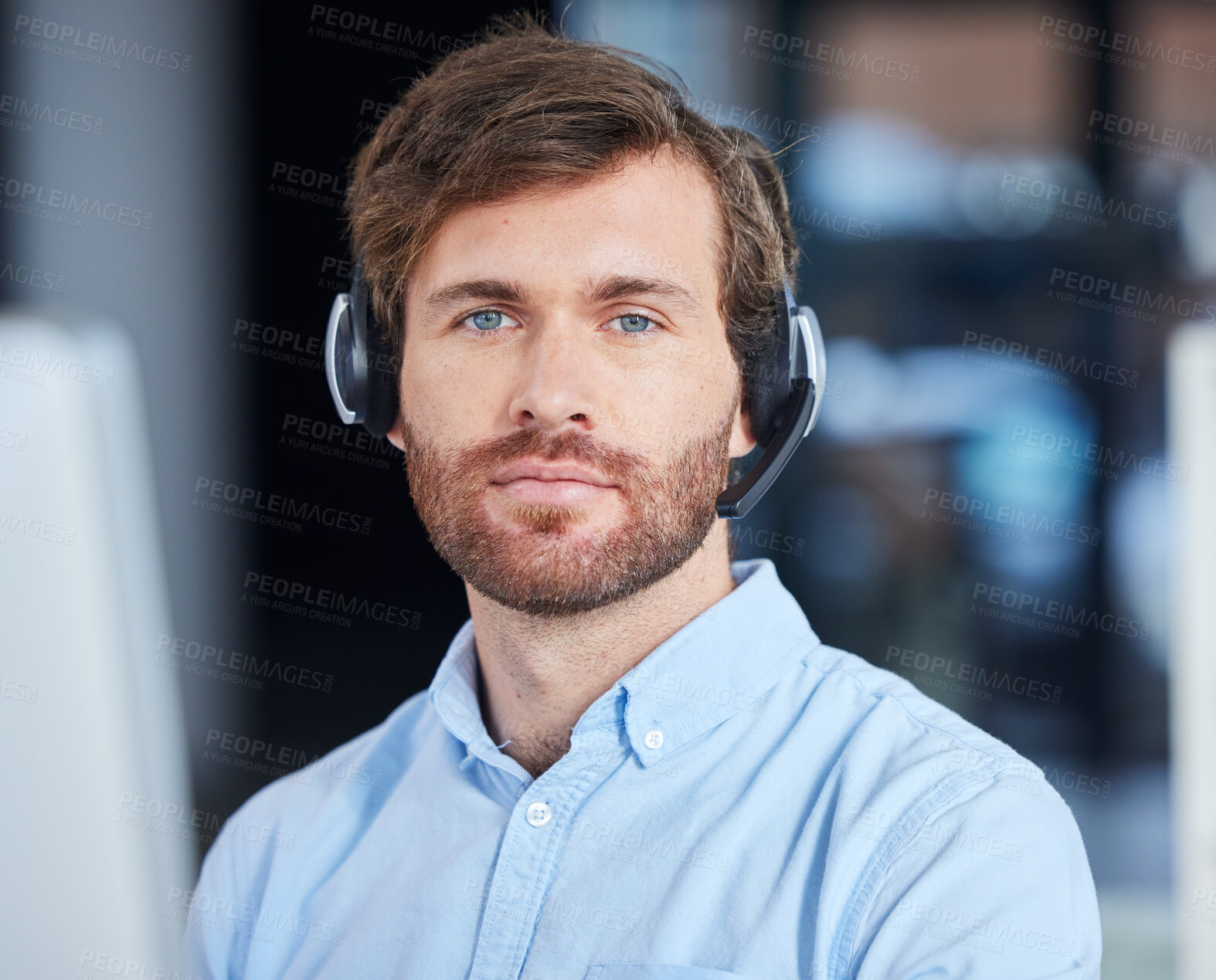 Buy stock photo Call center, consulting and portrait of businessman for customer service, contact us and technical support. Help desk, advisory and telemarketing with employee and microphone for phone call sales
