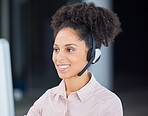 Call center, smile and computer with business woman for customer service, consulting and technical support. Help desk, advisory and telemarketing with black woman and microphone for phone call sales
