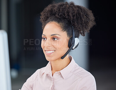 Buy stock photo Call center, smile and computer with business woman for customer service, consulting and technical support. Help desk, advisory and telemarketing with black woman and microphone for phone call sales
