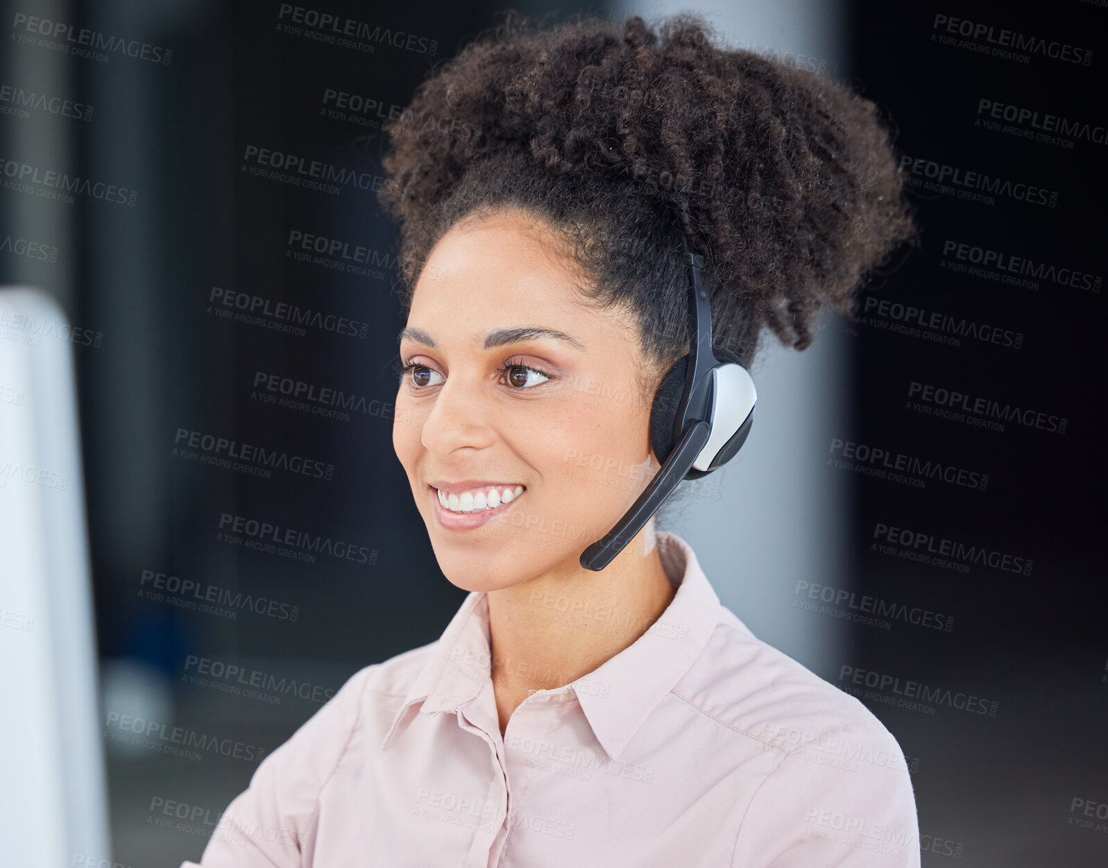 Buy stock photo Call center, smile and computer with business woman for customer service, consulting and technical support. Help desk, advisory and telemarketing with black woman and microphone for phone call sales
