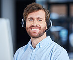 CRM, happy customer service or consultant man with smile in office for success telemarketing or communication. Sales advisor, call center or portrait for contact us, consulting or customer support