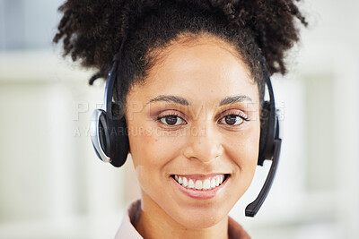 Buy stock photo Contact us, portrait or black woman in a call center consulting, talking or helping a client with a solution. Crm, face or customer services employee in communication, conversation or speaking on mic