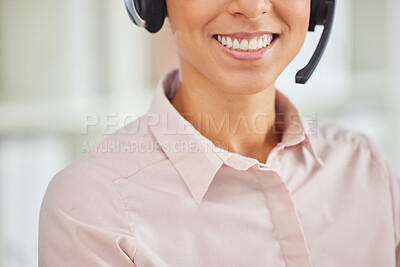 Buy stock photo Call center, black woman and smile of crm, customer service and contact us employee. Marketing consultant, customer support and happy worker with headset doing web help consulting work and service