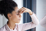 Headache, stress and burnout black woman in office feeling tired, exhausted or fatigue. Anxiety, depression and business woman with poor mental health, migraine or stressed alone in company workplace