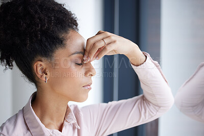 Buy stock photo Headache, stress and burnout black woman in office feeling tired, exhausted or fatigue. Anxiety, depression and business woman with poor mental health, migraine or stressed alone in company workplace