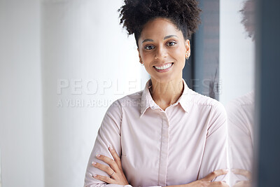Buy stock photo Business woman, arms crossed and leaning on window in marketing office, advertising startup or Brazilian branding company. Portrait, smile or happy creative designer with innovation, vision or ideas