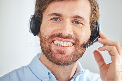 Buy stock photo Call center, portrait and business man on a contact us, telemarketing and crm call with a smile. Happy web support consultant working on customer service, consulting and internet help desk job 