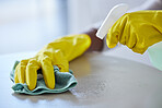 Cleaning, housekeeping and hands with cloth and spray bottle to wipe, disinfect and clean furniture. Housework, spring cleaning and rubber gloves with detergents, cleaning products and chemical spray