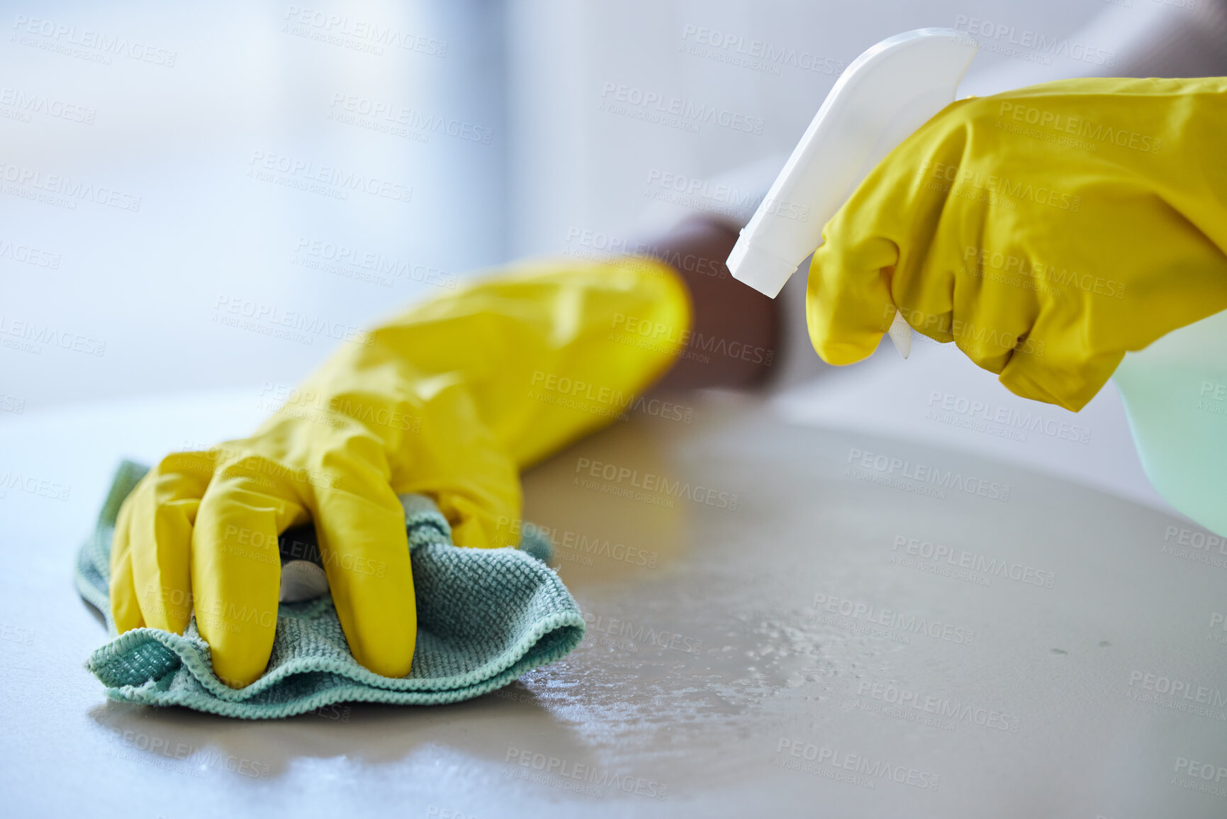 Buy stock photo Cleaning, housekeeping and hands with cloth and spray bottle to wipe, disinfect and clean furniture. Housework, spring cleaning and rubber gloves with detergents, cleaning products and chemical spray