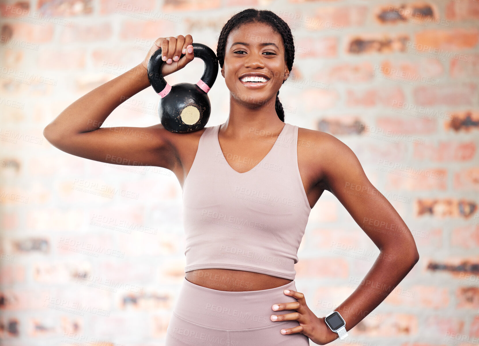 Buy stock photo African woman, gym portrait and kettlebell with smile at training, weightlifting and summer body beauty. Black woman bodybuilder, strong or happy mindset for fitness, workout or wellness in Atlanta