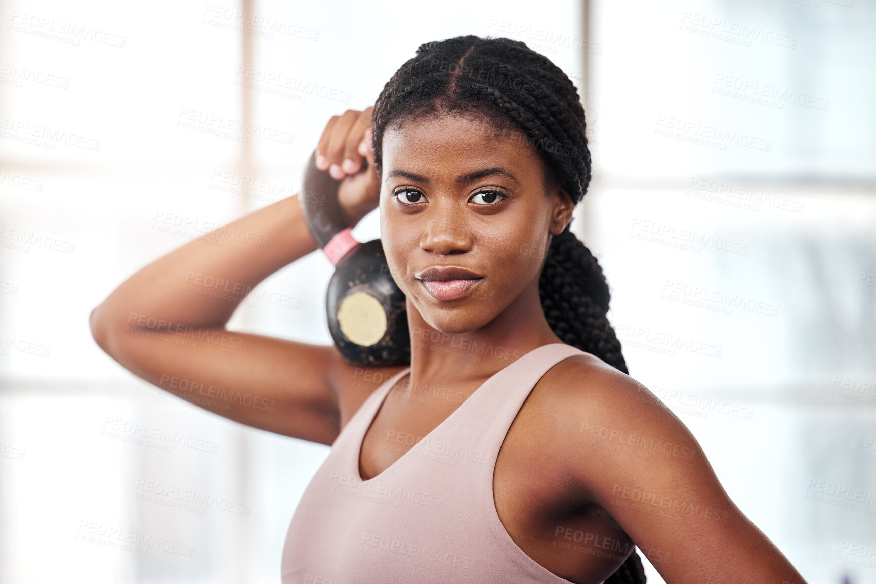 Buy stock photo African woman, gym portrait and kettlebell for training, weightlifting or summer body for focus on goals. Black woman bodybuilder, strong or mindset for fitness goal, self care or wellness in Atlanta