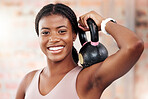 Black woman, face and smile for kettlebell exercise for bodybuilder workout, fitness and training at gym for strong muscles, health and wellness. Portrait of US female with weights to train for power
