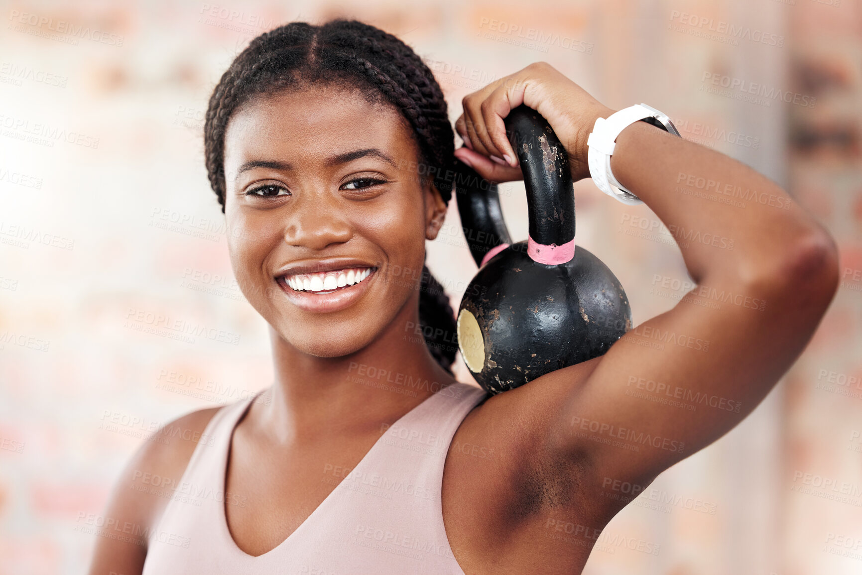 Buy stock photo Black woman, face and smile for kettlebell exercise for bodybuilder workout, fitness and training at gym for strong muscles, health and wellness. Portrait of US female with weights to train for power