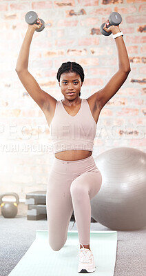 Buy stock photo Black woman, dumbbell exercise and lunge in gym for sports, training or strong body in Nigeria fitness club. Portrait, young female and lifting weights with balance, muscle power and wellness energy
