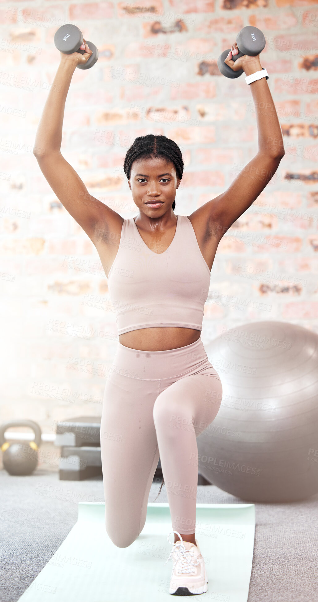 Buy stock photo Black woman, dumbbell exercise and lunge in gym for sports, training or strong body in Nigeria fitness club. Portrait, young female and lifting weights with balance, muscle power and wellness energy
