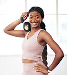 Black woman, kettlebell portrait and smile for fitness, health and vision for strong body, focus and goals. Gym girl, bodybuilder training and happy for workout, exercise and self care in Atlanta