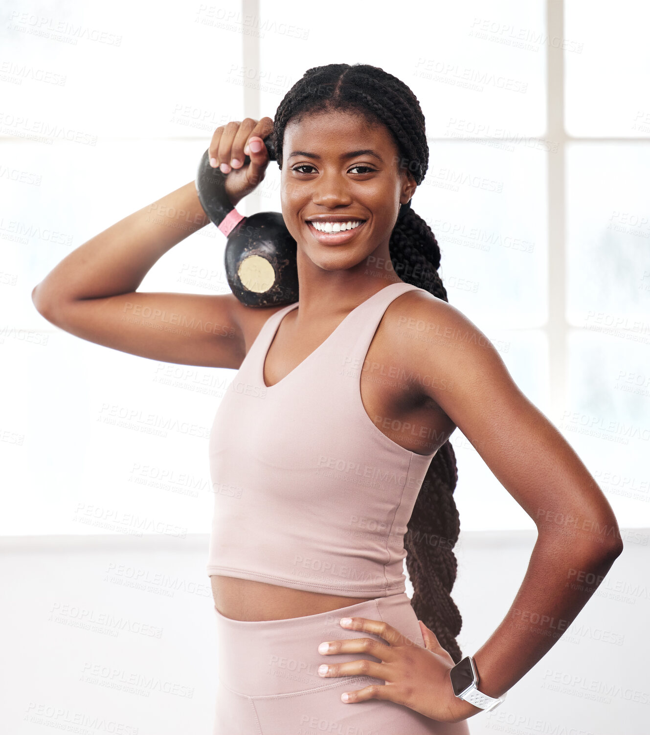 Buy stock photo Black woman, kettlebell portrait and smile for fitness, health and vision for strong body, focus and goals. Gym girl, bodybuilder training and happy for workout, exercise and self care in Atlanta