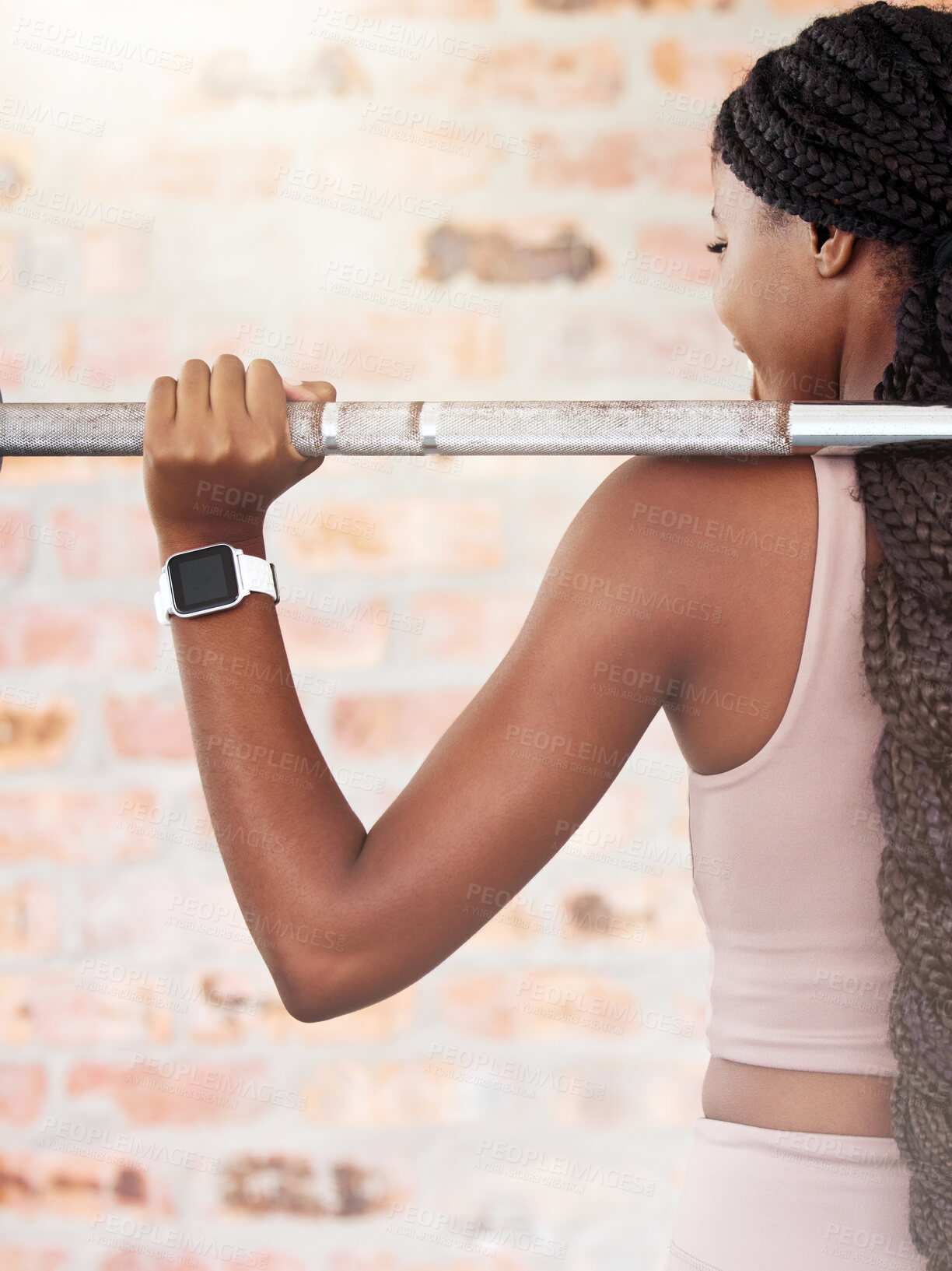 Buy stock photo Back, black woman and lifting for exercise, workout and training for health, wellness and power. Jamaican female, healthy lady and athlete weightlifting, practice and fitness for endurance and energy