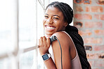 Black woman, window and happy with fitness, exercise and wellness in gym, healthy active lifestyle and training in workout studio. Happiness, African athlete portrait with sports motivation mockup.