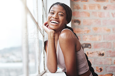 Buy stock photo Fitness, black woman and happy laughing by window in gym for training motivation, workout wellness and sports rest. Happy, african woman smile and exercise for comic joke or healthy cardio portrait