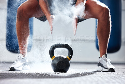 Buy stock photo Man, legs and kettlebell with fitness and bodybuilder hands with powder, exercise in gym for bodybuilding, strong and muscle training. Workout, sports motivation and health wellness with performance 
