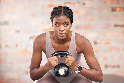 Buy stock photo Black woman, face and kettlebell in gym workout, training or exercise for body muscle growth, cardiology wellness or healthcare. Portrait, sports fitness and personal trainer weightlifting in Jamaica