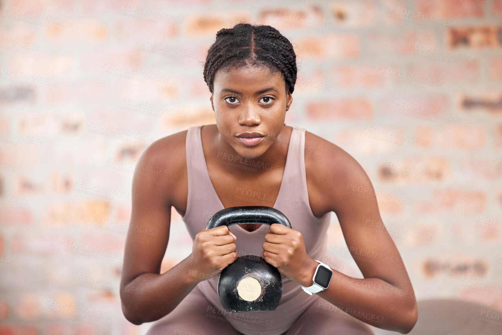 Buy stock photo Black woman, face and kettlebell in gym workout, training or exercise for body muscle growth, cardiology wellness or healthcare. Portrait, sports fitness and personal trainer weightlifting in Jamaica