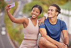 Fitness, couple and selfie, exercise and smartphone, outdoor in urban street and biracial, after workout photograph with smile. Phone photography, happy and wellness with man and black woman athlete.