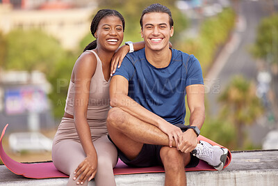 Buy stock photo Fitness, yoga and portrait of couple in city on break after stretching, training or workout. Love, interracial couple and man and woman sitting outdoors on mat after pilates exercise for wellness.