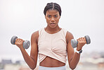 Portrait, black woman and dumbbells for training, exercise or workout for wellness, health or power. Young female, Jamaican girl or athlete with gym equipment, practice or fitness for energy or focus