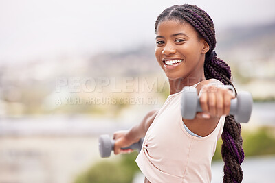 Buy stock photo Black woman, smile and dumbbell workout outdoor for fitness training, sports exercise and healthy body lifestyle. Bodybuilder challange, wellness motivation and athlete african woman happy portrait