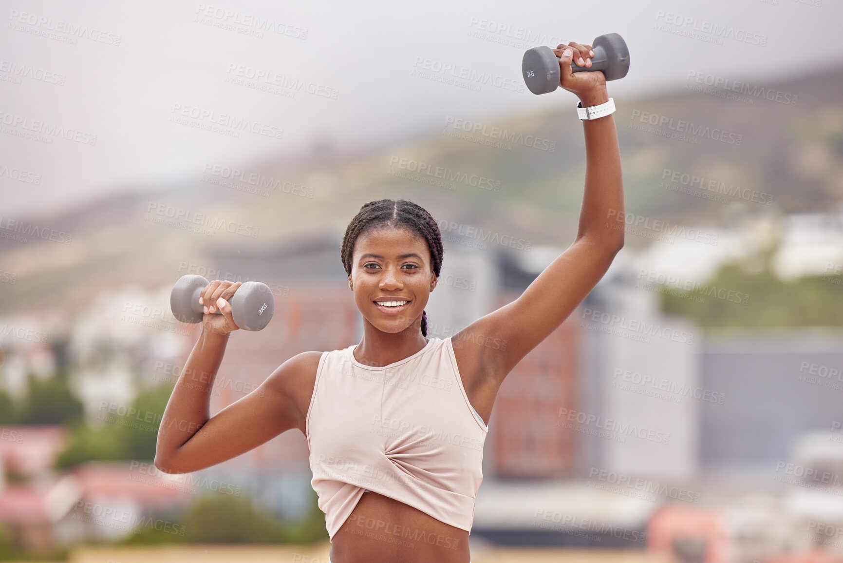 Buy stock photo Fitness, portrait and woman weightlifting with dumbells for bodybuilding and strong arms. Face, front and african american female bodybuilder exercising or training for strength in the city