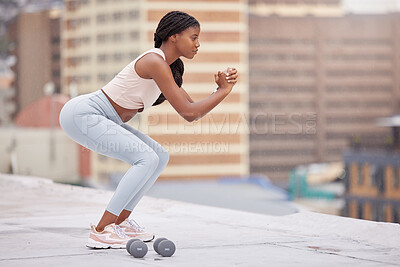 Buy stock photo Black woman, fitness and squat training on rooftop for exercise wellness, body workout and healthy lifestyle motivation outdoor. African woman, muscles and strong legs or core with focus mindset