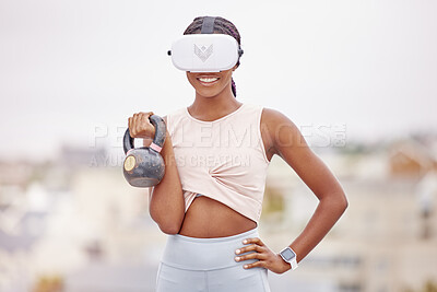 Buy stock photo Woman, kettlebell or virtual reality headset in workout, training or exercise in city on fitness software, esports or metaverse challenge. Smile, happy or sports person in vr futuristic weightlifting