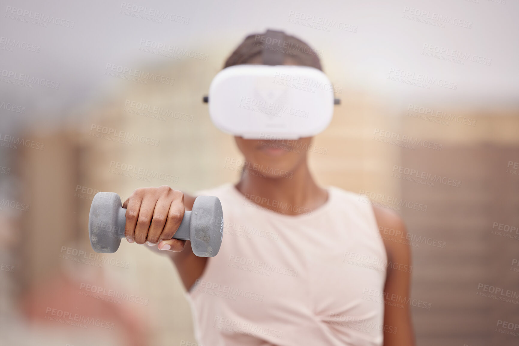 Buy stock photo VR workout, dumbbell and black woman in the city for metaverse fitness, tech health and 3d training in Morocco. Digital sport, futuristic exercise and athlete with virtual reality for weight cardio