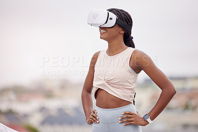 Buy stock photo VR fitness, metaverse and black woman training in the city, futuristic workout and digital exercise on a rooftop. 3d health, technology and African athlete with glasses for virtual reality sport