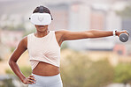 Virtual reality, fitness or black woman with a dumbbell, vr or 3d headset for a gaming experience with exercise. Metaverse, gamer or sports girl gaming or training in futuristic ai digital technology