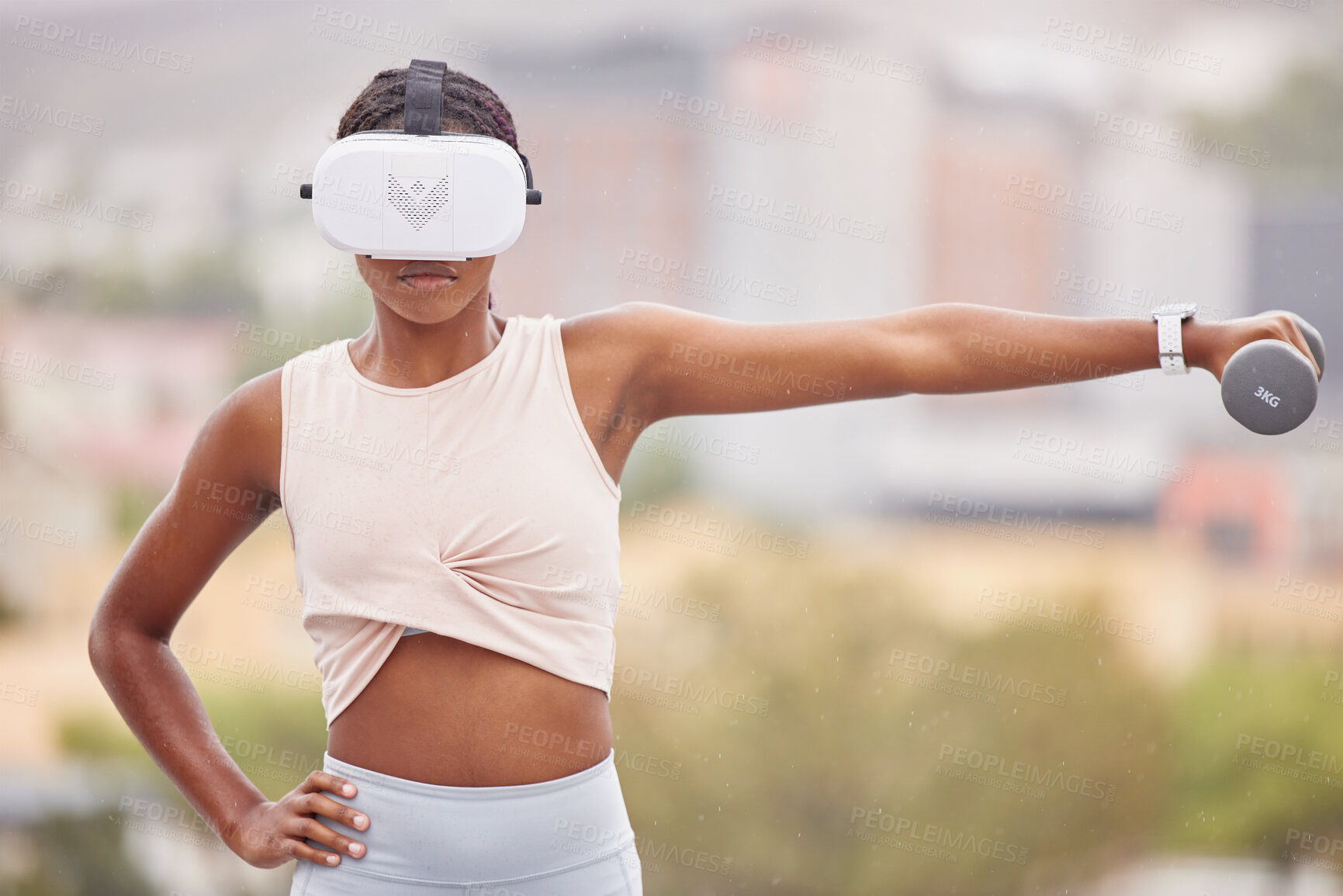 Buy stock photo Virtual reality, fitness or black woman with a dumbbell, vr or 3d headset for a gaming experience with exercise. Metaverse, gamer or sports girl gaming or training in futuristic ai digital technology