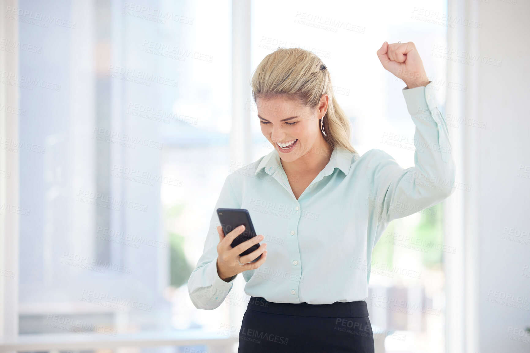 Buy stock photo Winner, phone or business woman for cryptocurrency success, investment or bitcoin growth in office with smile. Happy, hand fist or employee girl for winning, finance goal or stock market target
