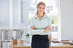 Portrait, corporate business and woman proud about her startup company office with her arms crossed. Face, front and smiling businesswoman satisfied with her marketing management agency