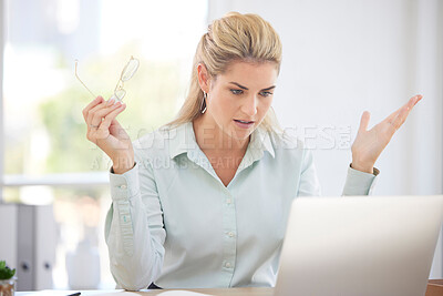 Buy stock photo Frustrated, woman and laptop glitch or stress working in office for corporate news, stock market crash or 404 website crisis on computer. Business, manager and pc error or fintech compliance risk
