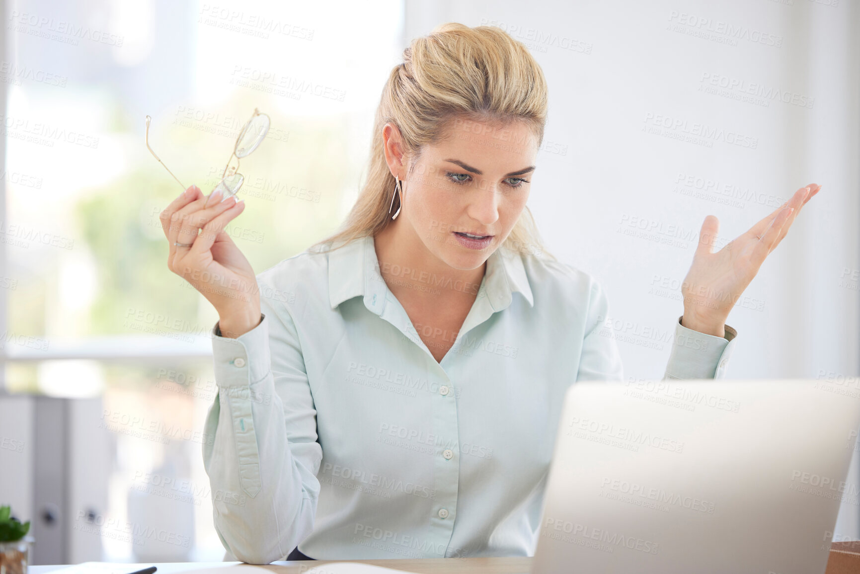 Buy stock photo Frustrated, woman and laptop glitch or stress working in office for corporate news, stock market crash or 404 website crisis on computer. Business, manager and pc error or fintech compliance risk