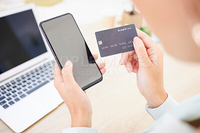 Buy stock photo Businesswoman, phone and credit card for online ecommerce payment and bills. Budget, buying and mobile banking with fintech and debit card for online shopping and e commerce pay on tech